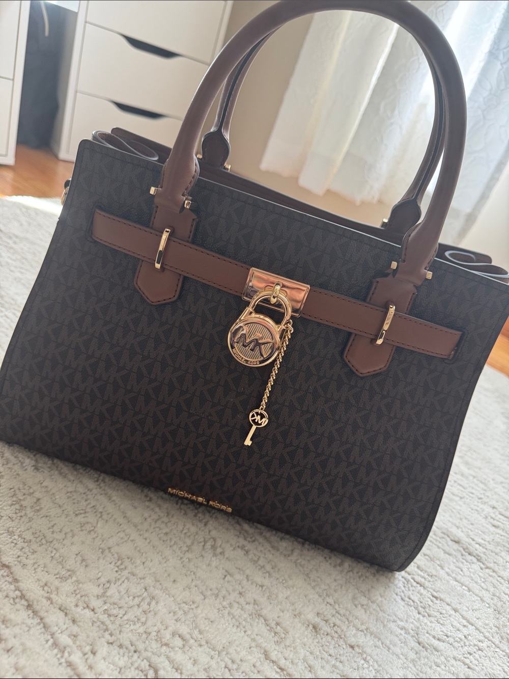 Michael Kors Brown Logo Satchel with Tan Trim and Gold Hardware